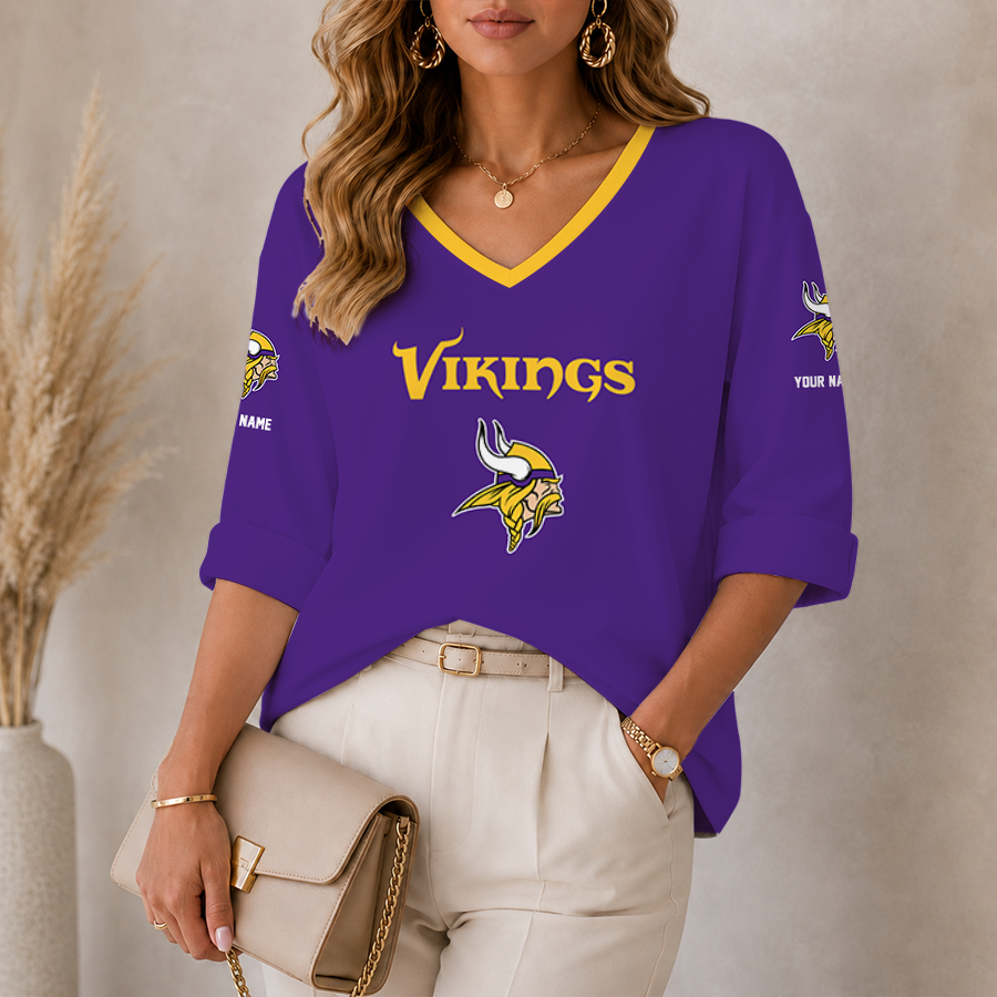 [SPECIAL OFFER] NEW CUSTOMIZED NFL05 MVK MINNESOTA VIKINGS WOMEN'S HEART V-NECK LONG SLEEVE SHIRT