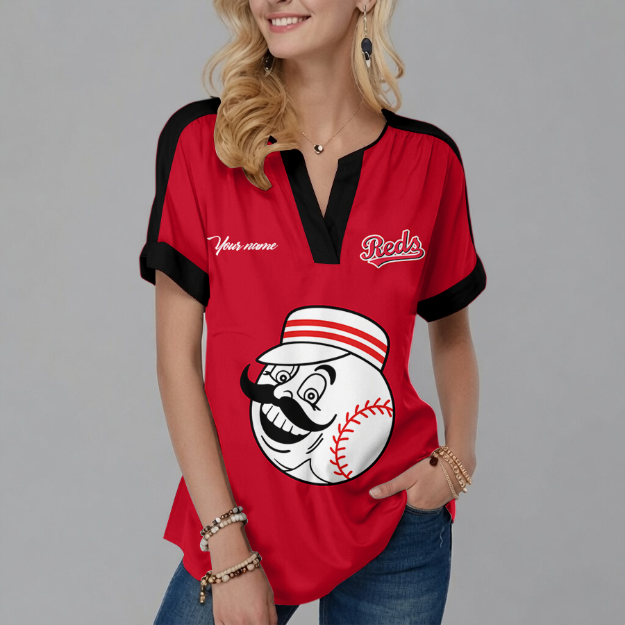 [FLASH SALE] NEW CUSTOMIZED MLB05 CRS CINCINNATI REDS V-NECK FEMALE SHIRT