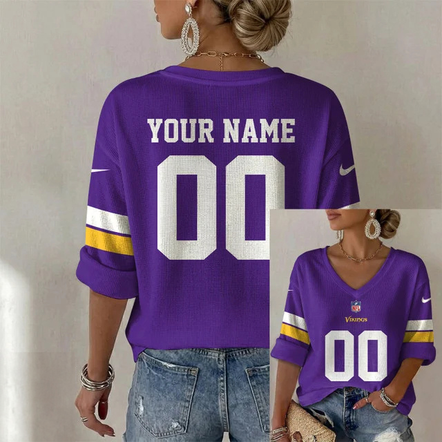 ELITE EDITION - NEW CUSTOMIZED NFL05 MVK MINNESOTA VIKINGS WOMEN'S HEART V-NECK LONG SLEEVE SHIRT