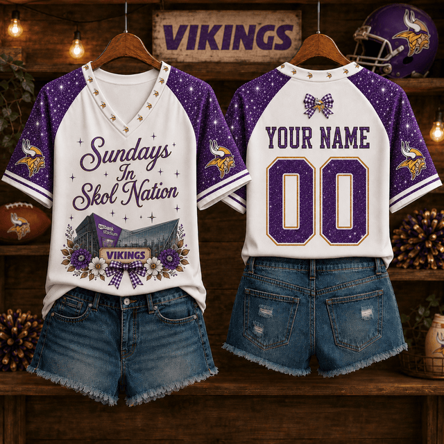 EXCLUSIVE EDITION - NEW CUSTOMIZED NFL05 MVK MINNESOTA VIKINGS V-NECK FEMALE SHIRT