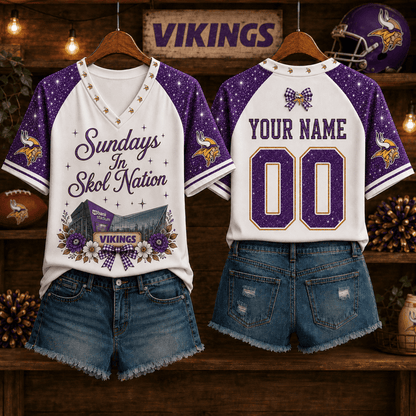 EXCLUSIVE EDITION - NEW CUSTOMIZED NFL05 MVK MINNESOTA VIKINGS V-NECK FEMALE SHIRT
