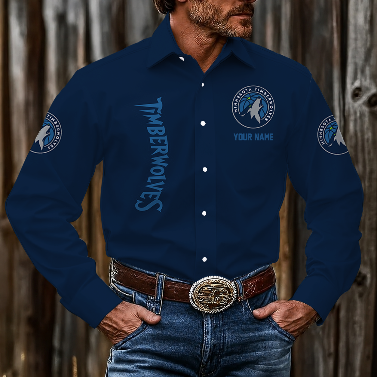 LIMITED EDITION - NEW CUSTOMIZED NBA05 MTW MINNESOTA TIMBERWOLVES MEN'S LONG SLEEVE BUTTON-UP SHIRT