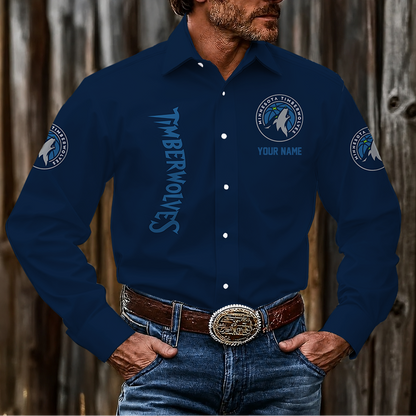 LIMITED EDITION - NEW CUSTOMIZED NBA05 MTW MINNESOTA TIMBERWOLVES MEN'S LONG SLEEVE BUTTON-UP SHIRT
