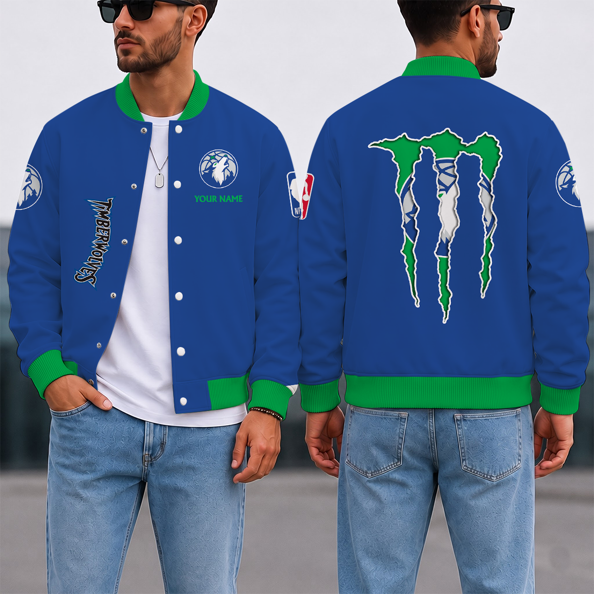 LIMITED EDITION - NEW CUSTOMIZED NBA05 MTW MINNESOTA TIMBERWOLVES BASEBALL JACKET, SATIN VARSITY JACKET