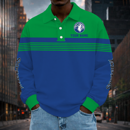 ELITE EDITION - NEW CUSTOMIZED NBA05 MTW MINNESOTA TIMBERWOLVES MEN LONG SLEEVE POLO