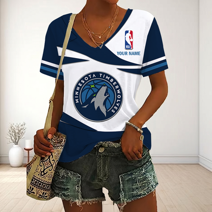 LIMITED EDITION - NEW CUSTOMIZED NBA05 MTW MINNESOTA TIMBERWOLVES V-NECK FEMALE SHIRT