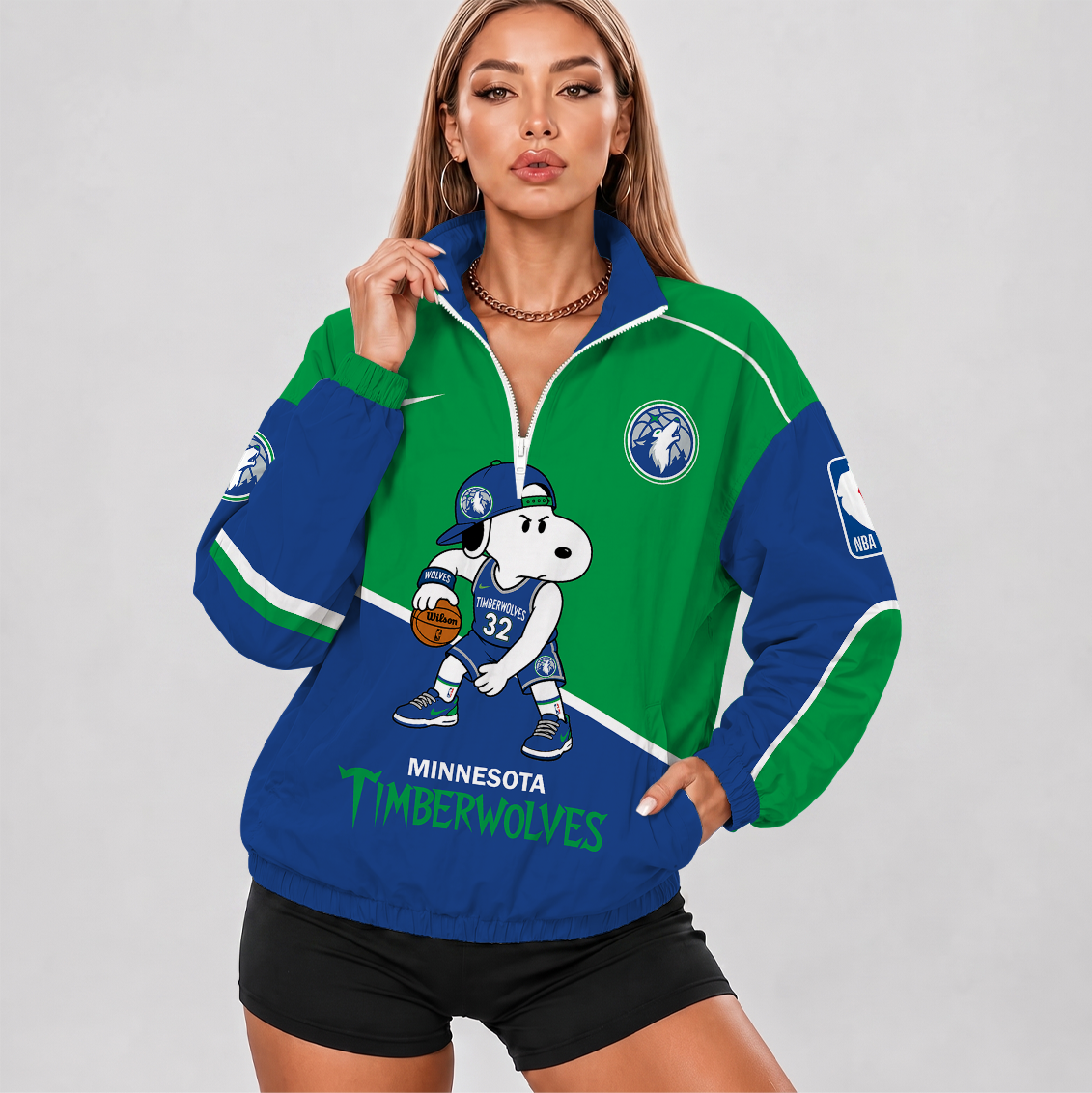 [HOT DEAL] NEW CUSTOMIZED NBA05 MTW MINNESOTA TIMBERWOLVES V-NECK ZIPPER SWEATSHIRT JACKET