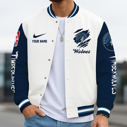 LIMITED EDITION - NEW CUSTOMIZED NBA05 MTW MIN TIMBERWOLVE BASEBALL JACKET, SATIN VARSITY JACKET