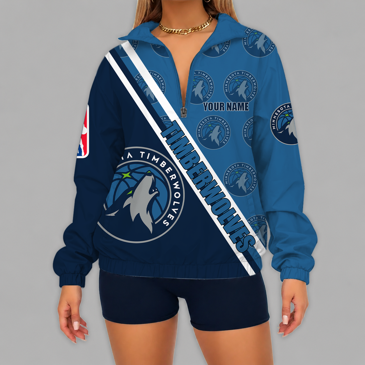 [HOT DEAL] NEW CUSTOMIZED NBA05 MTW MINNESOTA TIMBERWOLVES V-NECK ZIPPER SWEATSHIRT JACKET