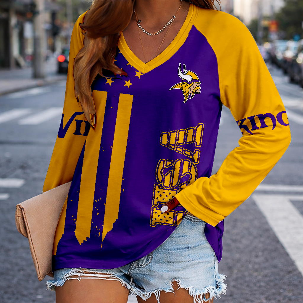 LIMITED EDITION - NEW CUSTOMIZED NFL05 MVK MINNESOTA VIKINGS WOMEN'S V-NECK LONG SLEEVED SHIRT
