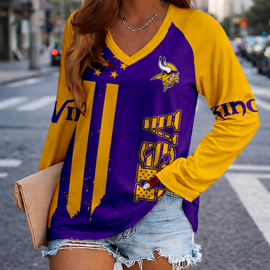 LIMITED EDITION - NEW CUSTOMIZED NFL05 MVK MINNESOTA VIKINGS WOMEN'S V-NECK LONG SLEEVED SHIRT