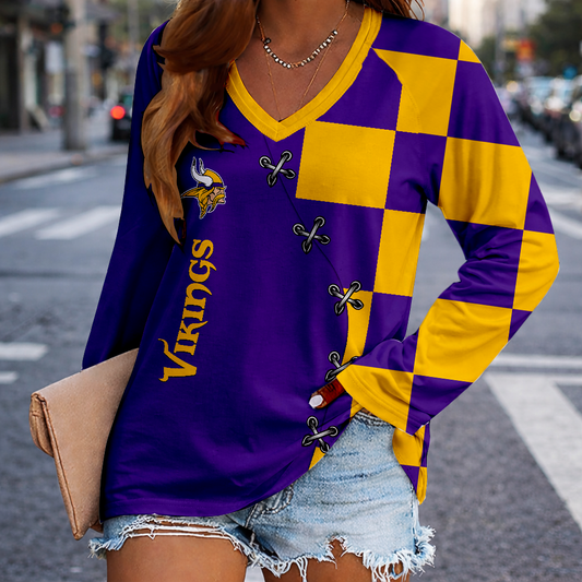LIMITED EDITION - NEW CUSTOMIZED NFL05 MVK MINNESOTA VIKINGS WOMEN'S V-NECK LONG SLEEVED SHIRT