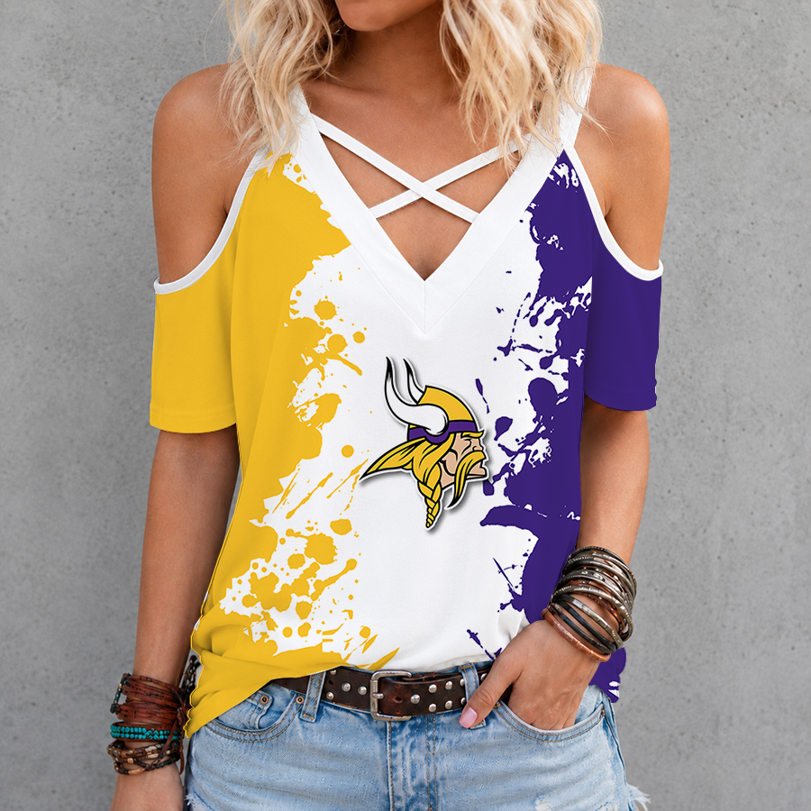 [SPECIAL OFFER] NEW CUSTOMIZED NFL05 MVK MINNESOTA VIKINGS CRISS CROSS V-NECK TOP