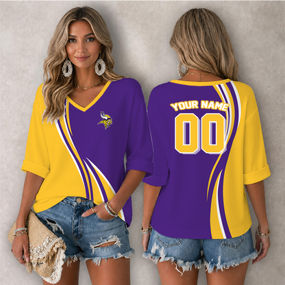 LIMITED EDITION - NEW CUSTOMIZED NFL05 MVK MINNESOTA VIKINGS WOMEN'S HEART V-NECK LONG SLEEVE SHIRT