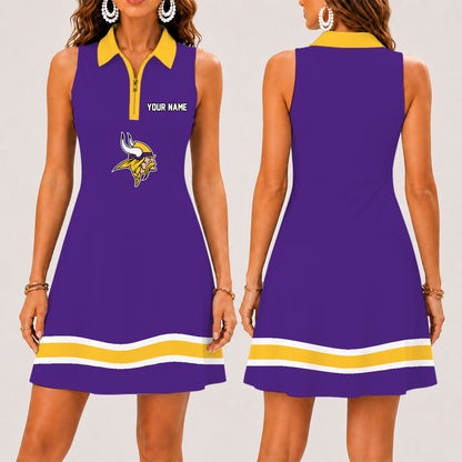 [SPECIAL OFFER] NEW CUSTOMIZED NFL05 MVK MINNESOTA VIKINGS WOMEN'S ZIP SLEEVELESS POLO DRESS