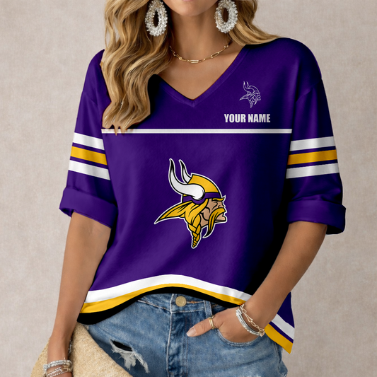 LIMITED EDITION - NEW CUSTOMIZED NFL05 MVK MINNESOTA VIKINGS WOMEN'S V-NECK MID-SLEEVE SHIRT