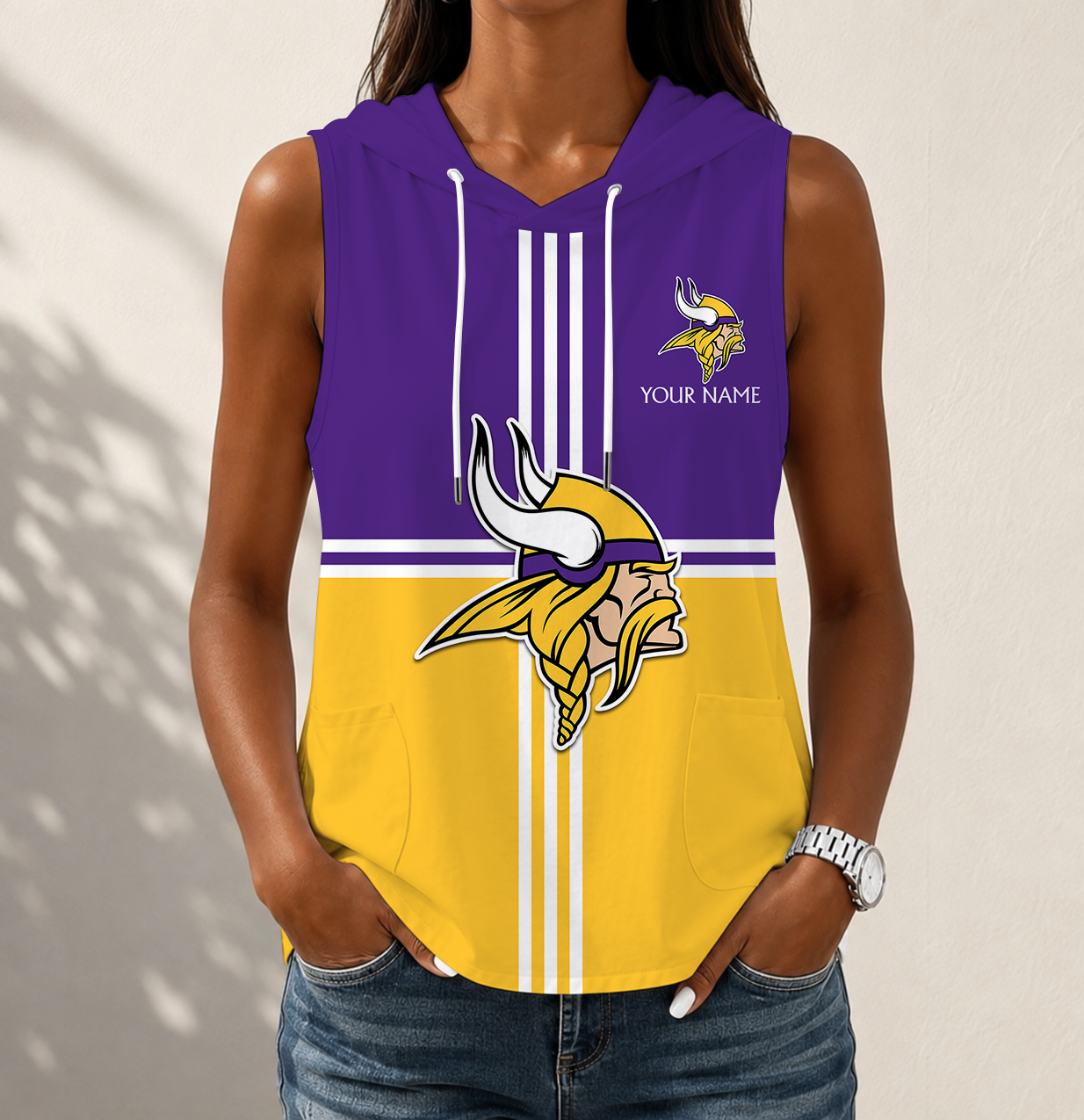LIMITED EDITION - NEW CUSTOMIZED NFL05 MVK MINNESOTA VIKINGS WOMEN'S SLEEVELESS HOODED POCKET TANK TOP