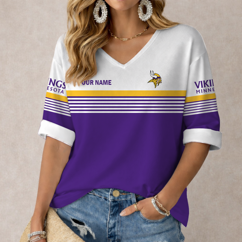VIRAL EDITION - NEW CUSTOMIZED NFL05 MVK MINNESOTA VIKINGS WOMEN'S HEART V-NECK LONG SLEEVE SHIRT
