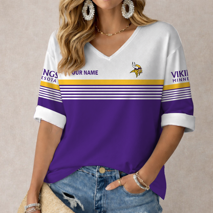 VIRAL EDITION - NEW CUSTOMIZED NFL05 MVK MINNESOTA VIKINGS WOMEN'S HEART V-NECK LONG SLEEVE SHIRT