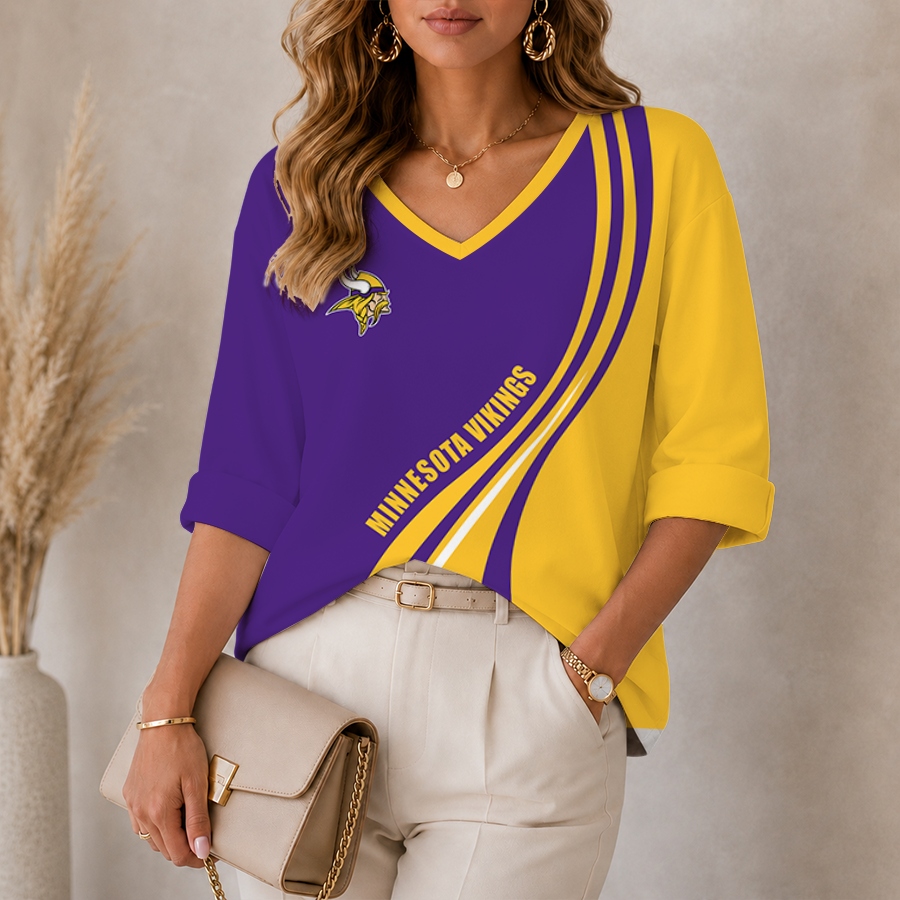 [SPECIAL OFFER] NEW CUSTOMIZED NFL05 MVK MINNESOTA VIKINGS WOMEN'S HEART V-NECK LONG SLEEVE SHIRT