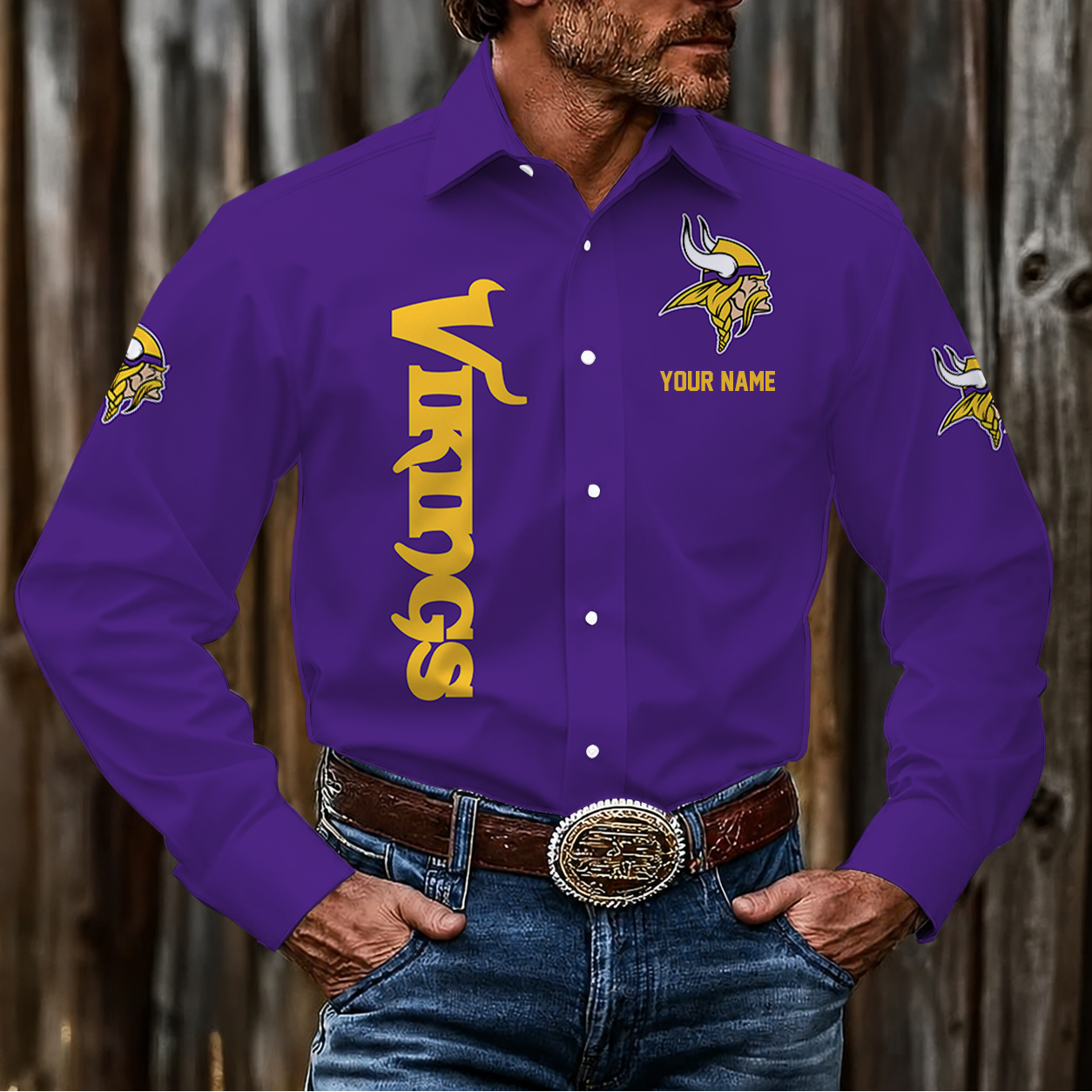 LIMITED EDITION - NEW CUSTOMIZED NFL05 MVK MINNESOTA VIKINGS MEN'S LONG SLEEVE BUTTON-UP SHIRT