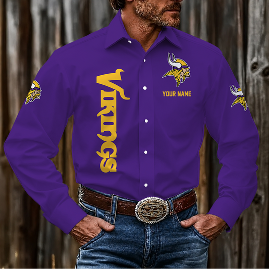 LIMITED EDITION - NEW CUSTOMIZED NFL05 MVK MINNESOTA VIKINGS MEN'S LONG SLEEVE BUTTON-UP SHIRT