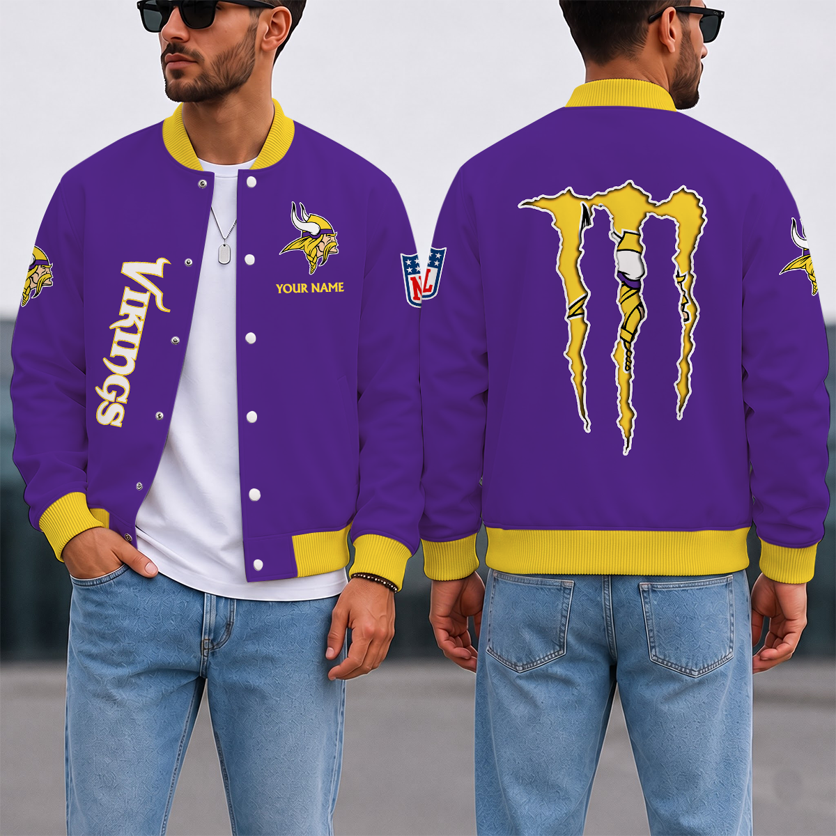 LIMITED EDITION - NEW CUSTOMIZED NFL05 MVK MINNESOTA VIKINGS SATIN VARSITY & BASEBALL JACKET