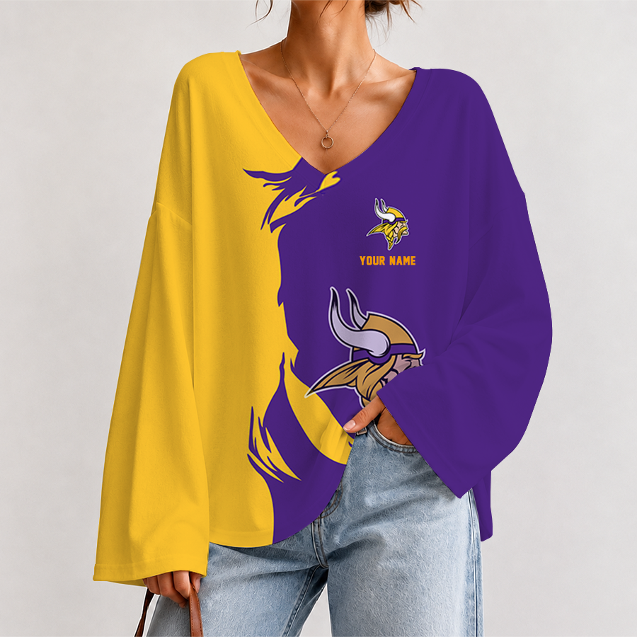 [SPECIAL OFFER] NEW CUSTOMIZED NFL05 MVK MINNESOTA VIKINGS V NECK LONG SLEEVED CROP TOP