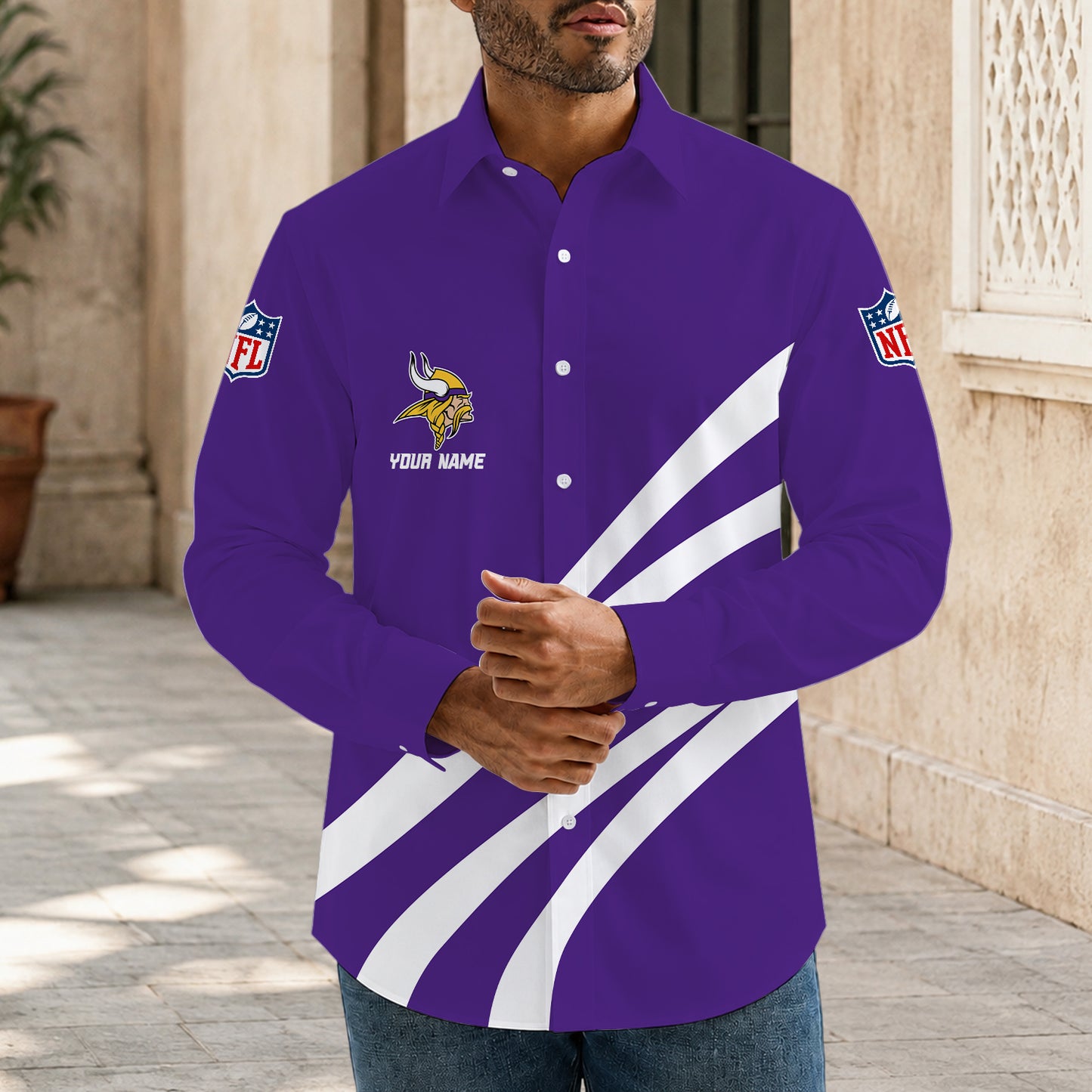 [SPECIAL OFFER] NEW CUSTOMIZED NFL05 MVK MINNESOTA VIKINGS MEN'S LONG SLEEVE BUTTON-UP SHIRT