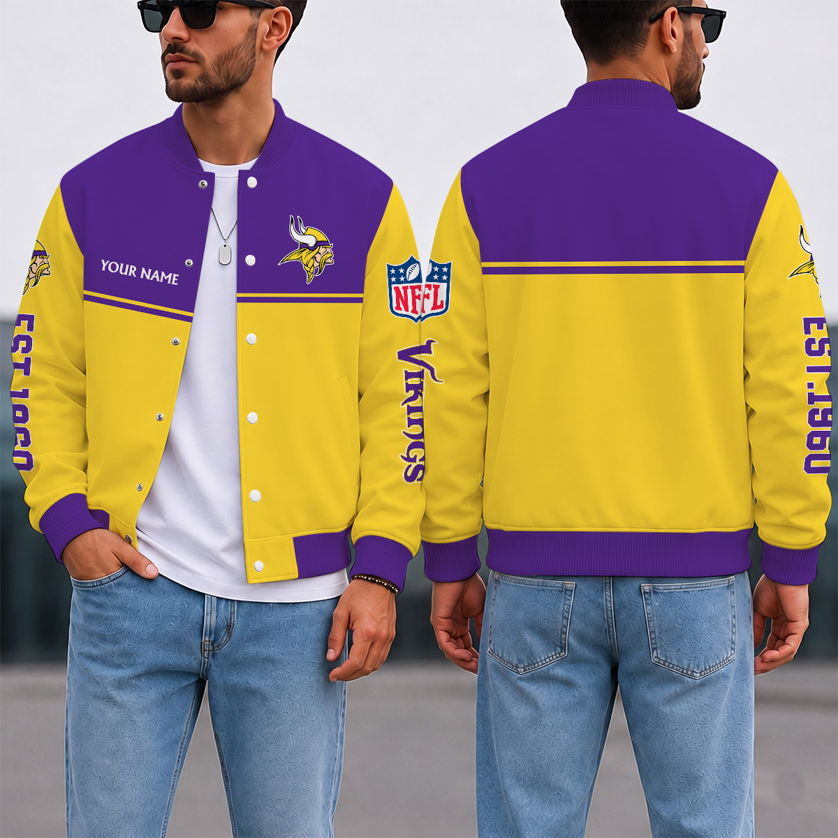 LIMITED EDITION - NEW CUSTOMIZED NFL05 MVK MINNESOTA VIKINGS SATIN VARSITY & BASEBALL JACKET