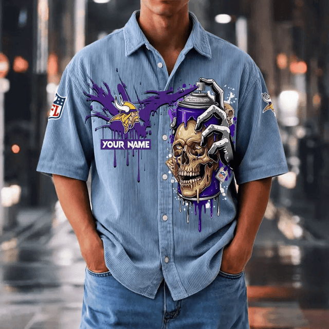 [SPECIAL OFFER] NEW CUSTOMIZED NFL05 MVK MINNESOTA VIKINGS SEERSUCKER BUTTON SHIRT
