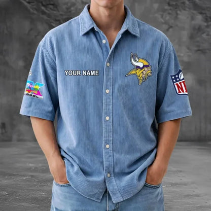 LIMITED EDITION - NEW CUSTOMIZED NFL05 MVK MINNESOTA VIKINGS SEERSUCKER BUTTON SHIRT