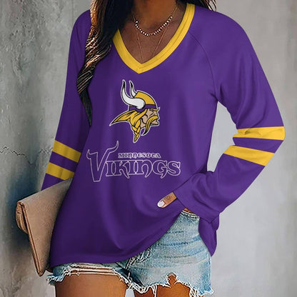 LIMITED EDITION - NEW CUSTOMIZED NFL05 MVK MINNESOTA VIKINGS WOMEN'S V-NECK LONG SLEEVED SHIRT