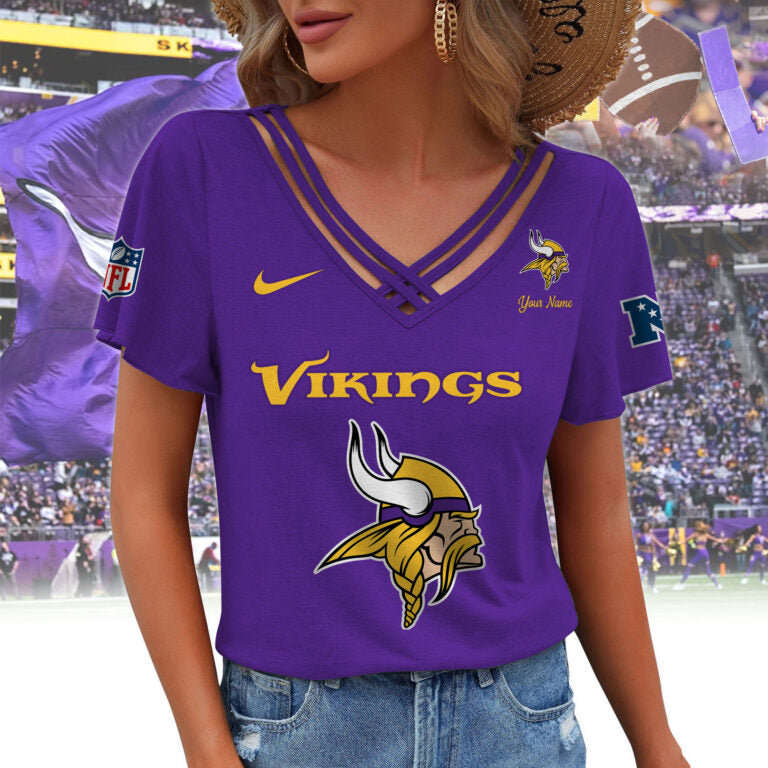 [SPECIAL OFFER] NEW CUSTOMIZED NFL05 MVK MINNESOTA VIKINGS V-NECK SHIRT