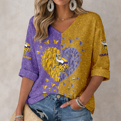 LIMITED EDITION - NEW CUSTOMIZED NFL05 MVK MINNESOTA VIKINGS WOMEN'S HEART V-NECK LONG SLEEVE SHIRT
