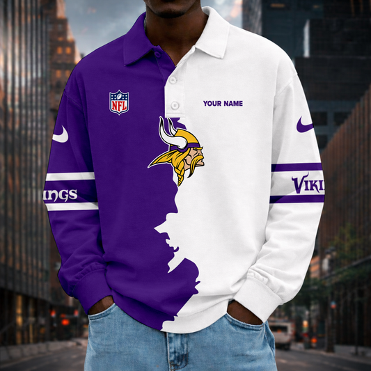 LIMITED EDITION - NEW CUSTOMIZED NFL05 MVK MN VIKINGS MEN LONG SLEEVE POLO