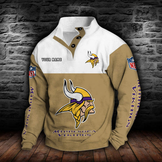 LIMITED EDITION - NEW CUSTOMIZED NFL05 MVK MINNESOTA VIKINGS QUARTER-BUTTON STAND-COLLAR SWEATSHIRT