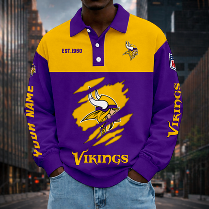 LIMITED EDITION - NEW CUSTOMIZED NFL05 MVK MINNESOTA VIKINGS MEN LONG SLEEVE POLO