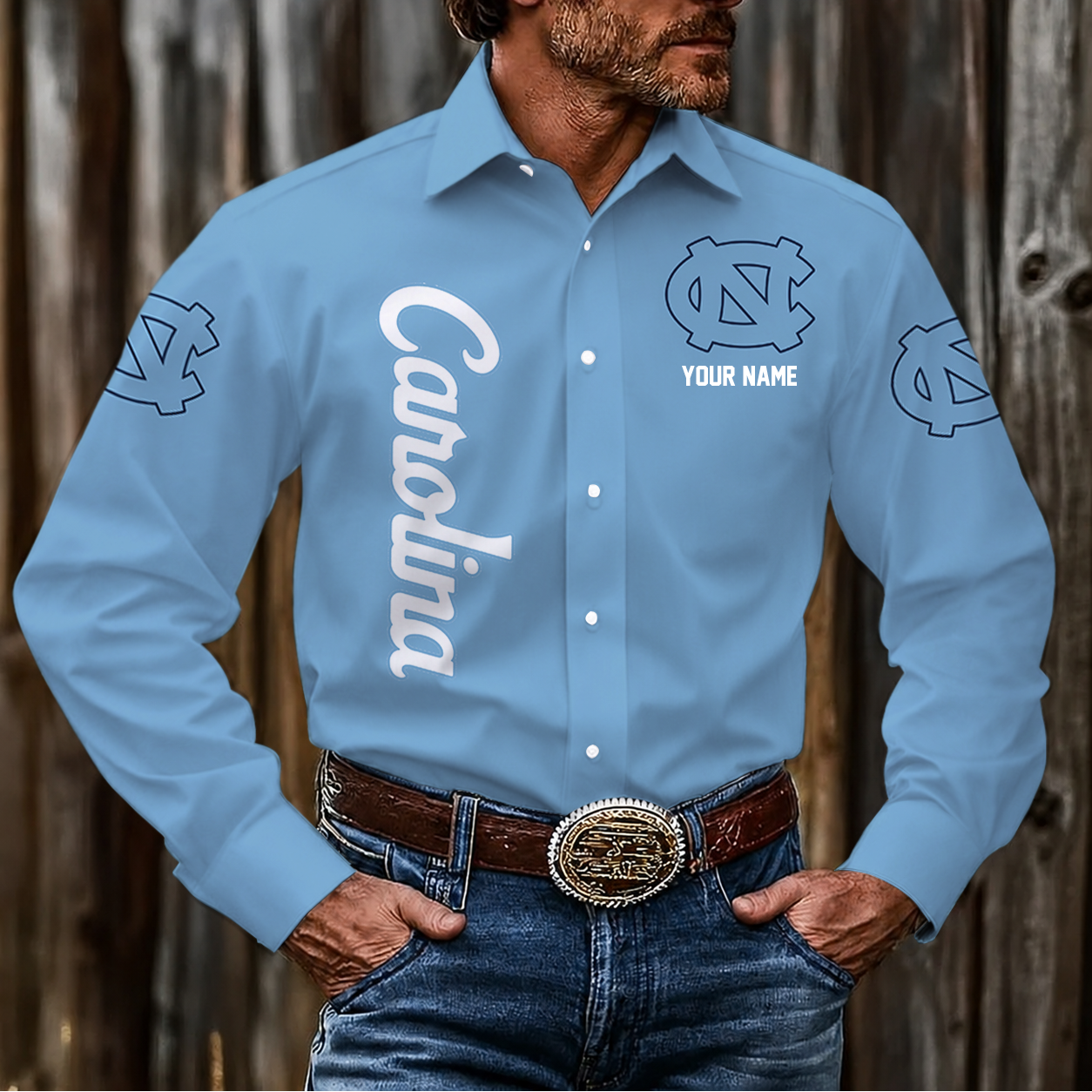 EXCLUSIVE EDITION - NEW CUSTOMIZED NCAA05 NTH NORTH CAROLINA TAR HEELS MAM MEN'S LONG SLEEVE BUTTON-UP SHIRT