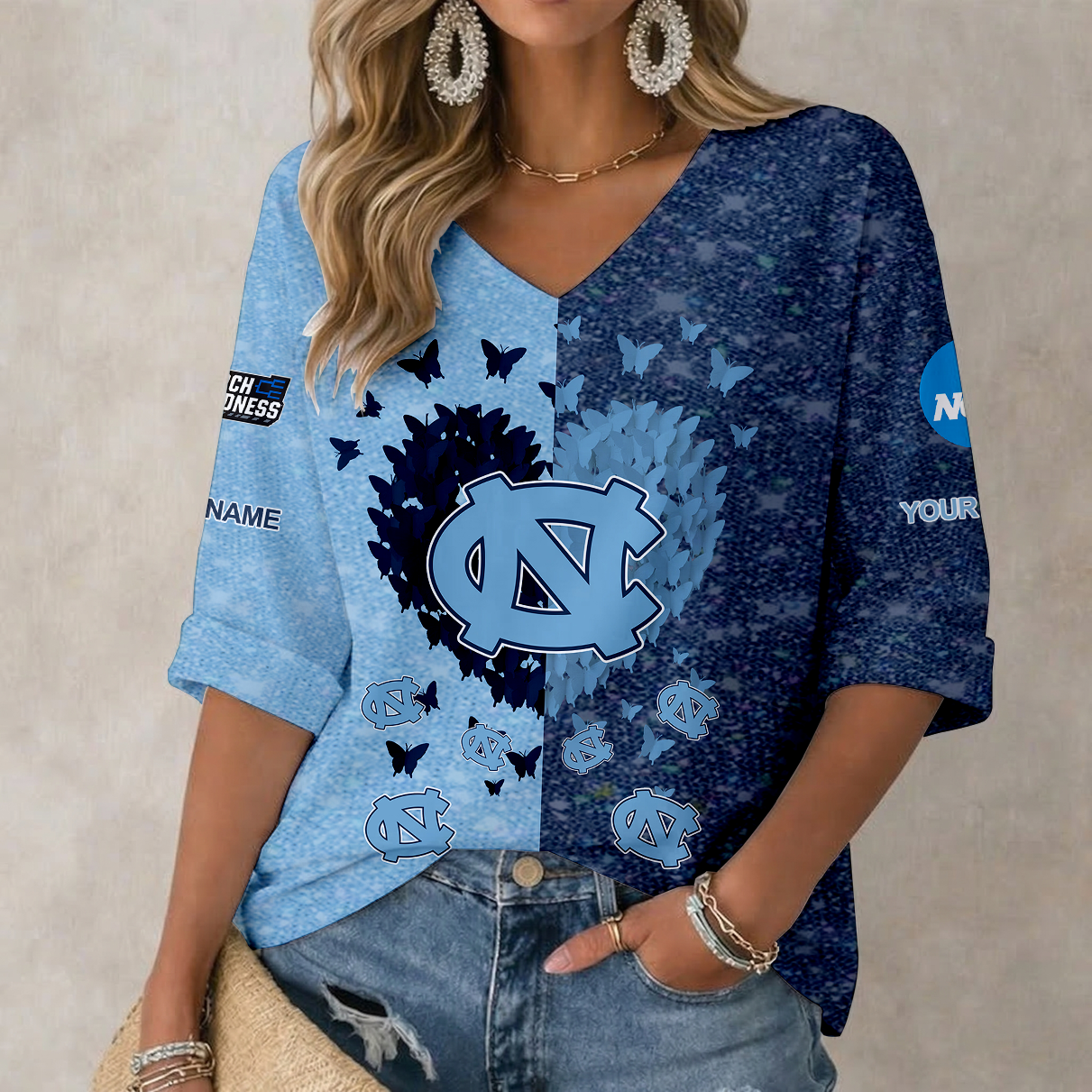 LIMITED EDITION - NEW CUSTOMIZED NCAA MAM05 NTH NORTH CAROLINA TAR HEELS WOMEN'S HEART V-NECK LONG SLEEVE SHIRT