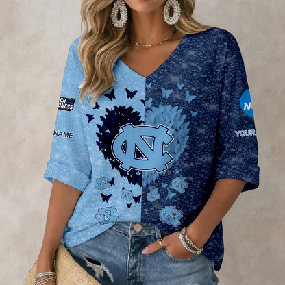 LIMITED EDITION - NEW CUSTOMIZED NCAA MAM05 NTH NORTH CAROLINA TAR HEELS WOMEN'S HEART V-NECK LONG SLEEVE SHIRT