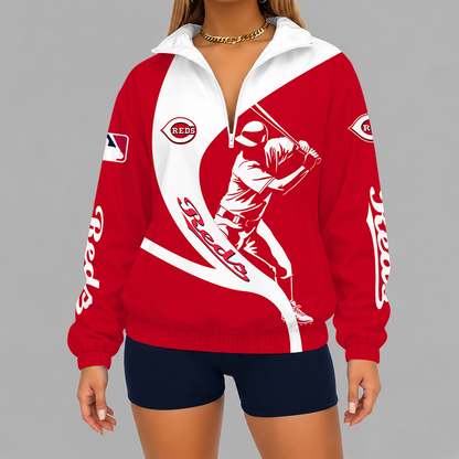 [FLASH SALE] NEW CUSTOMIZED MLB05 CRS CINCINNATI REDS V-NECK ZIPPER SWEATSHIRT JACKET
