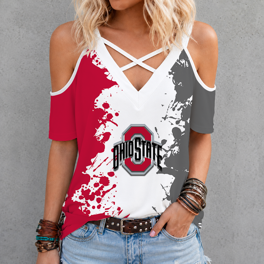 [FAN FAVORITE] NEW CUSTOMIZED NCAA FBS05 OSB OHIO STATE BUCKEYES CRISS CROSS V-NECK TOP