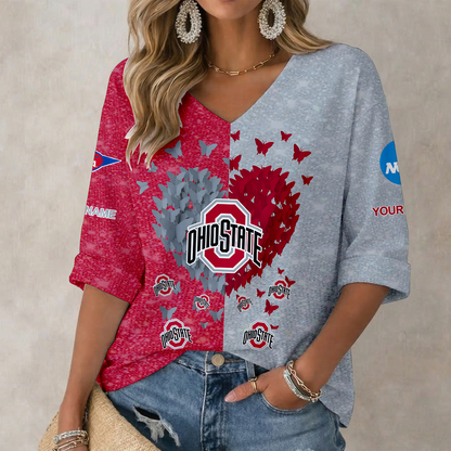 LIMITED EDITION - NEW CUSTOMIZED NCAA FBS05 OSB OHIO STATE BUCKEYES WOMEN'S HEART V-NECK LONG SLEEVE SHIRT