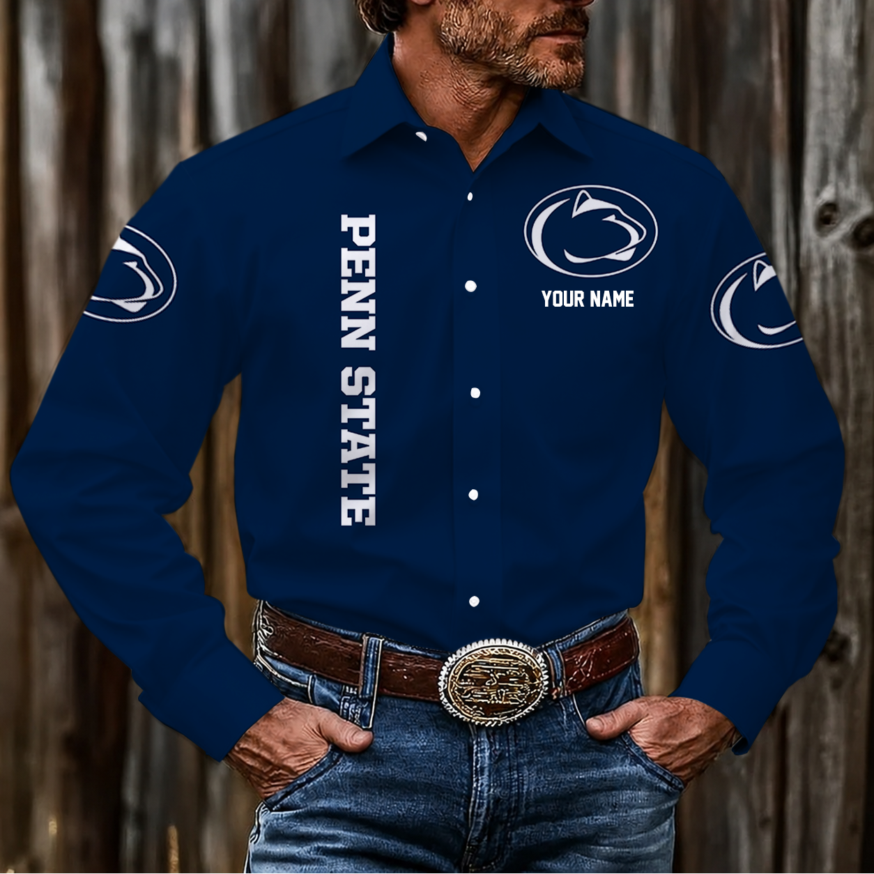 EXCLUSIVE EDITION - NEW CUSTOMIZED NCAA CFH05 PNL PENN STATE NITTANY LIONS MEN'S LONG SLEEVE BUTTON-UP SHIRT