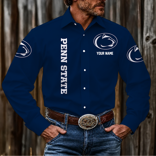 EXCLUSIVE EDITION - NEW CUSTOMIZED NCAA CFH05 PNL PENN STATE NITTANY LIONS MEN'S LONG SLEEVE BUTTON-UP SHIRT