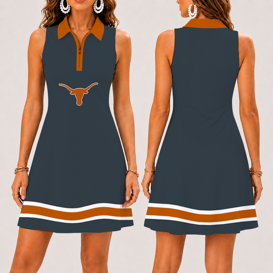 [FAN FAVORITE] NEW CUSTOMIZED NCAA CWS05 TXL TEXAS LONGHORNS WOMEN'S ZIP SLEEVELESS POLO DRESS