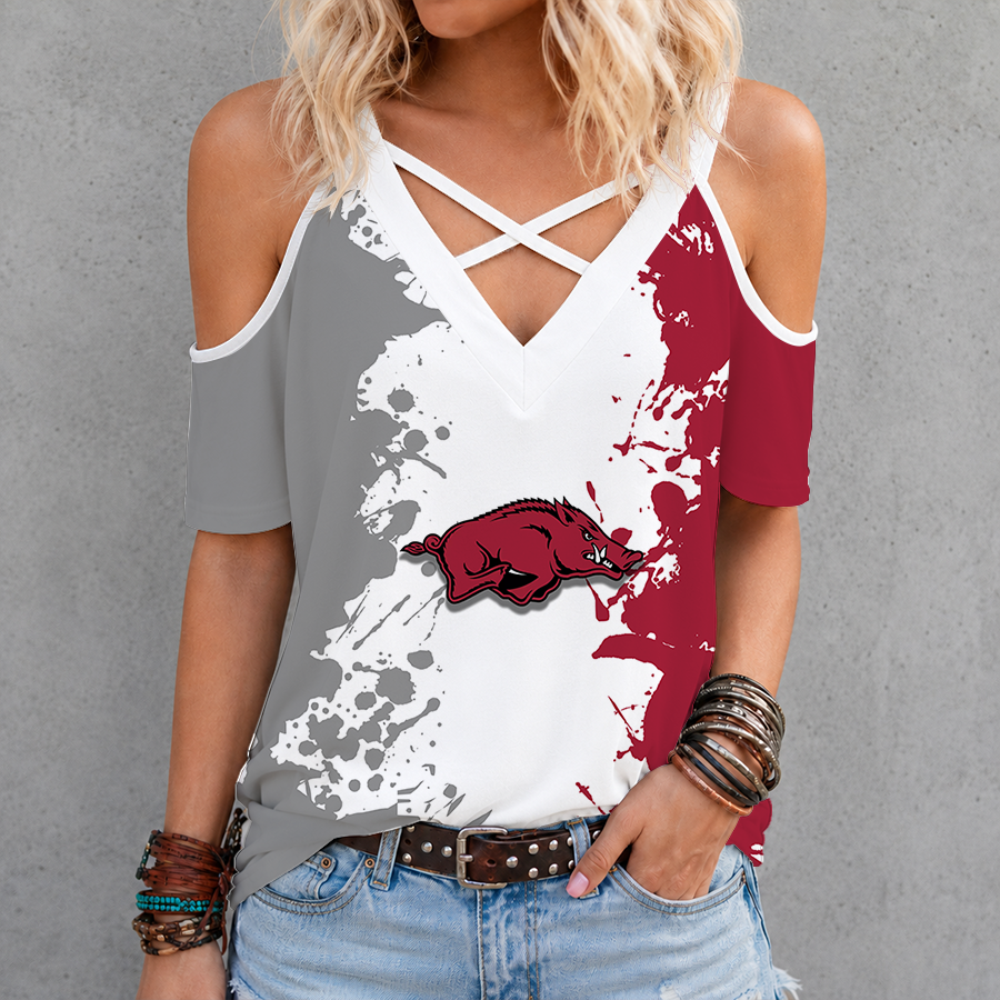 [FAN FAVORITE] NEW CUSTOMIZED NCAA MAM06 AKR ARKANSAS RAZORBACKS CRISS CROSS V-NECK TOP