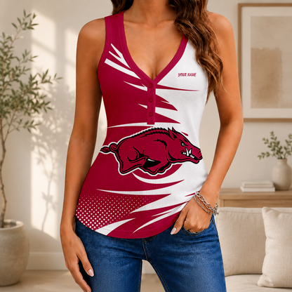 [FAN FAVORITE] NEW CUSTOMIZED NCAA MAM06 AKR ARKANSAS RAZORBACKS WOMEN'S V-NECK TANK TOP