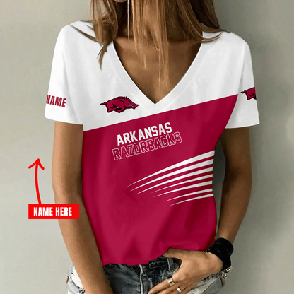 [FAN FAVORITE] NEW CUSTOMIZED NCAA MAM06 AKR ARKANSAS RAZORBACKS STRAPPY V-NECK FEMALE SHIRT